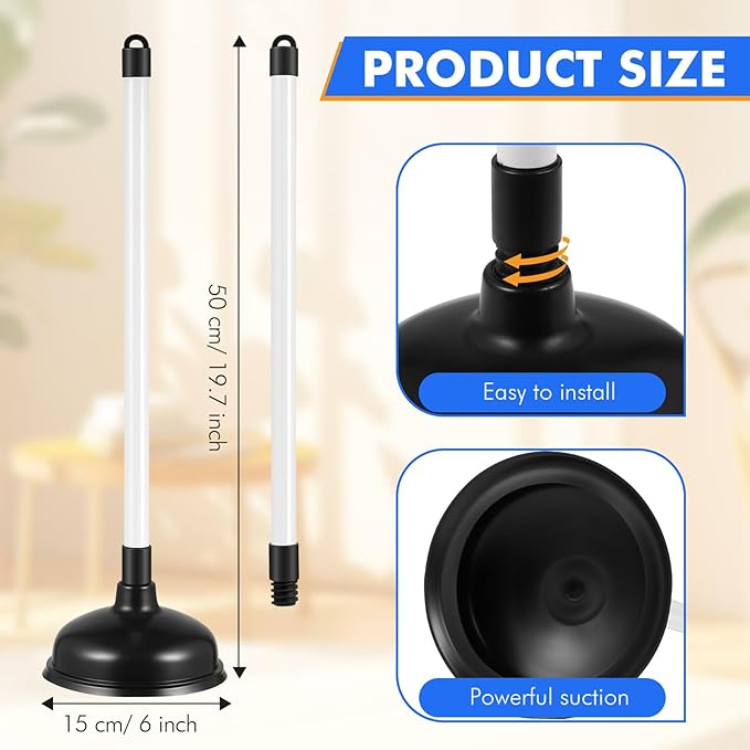 Reallnaive 6 Pack Toilet Plungers Bulk with 19.7 Inch Long Handle Force Suction Cup Rubber Plunger for Bathroom to Fix Clogged Toilets Drains (Black)