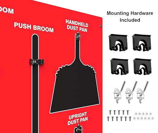 Clean & Sweep 5S Shadow Board/Wall Mount Broom Holder, 68" x 30" Board, 5S Cleaning Station - with Broom and Dustpan Set Included, Made in The USA by AccuformNMC, Red/Black, PSB116RDBK