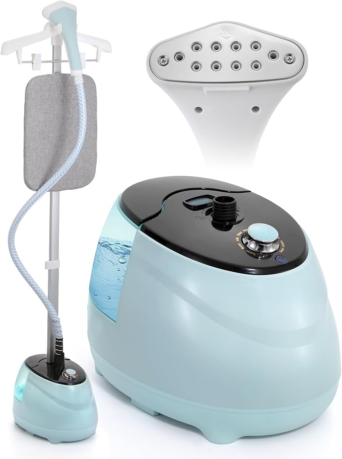 BEAMNOVA Clothing Steamer with Stand, Steam Iron for Clothes, Commercial Standing Garment Steamer, Wrinkle Remover with Ironing Board, 1.8L(61oz) Water Container, 10 Settings, Blue