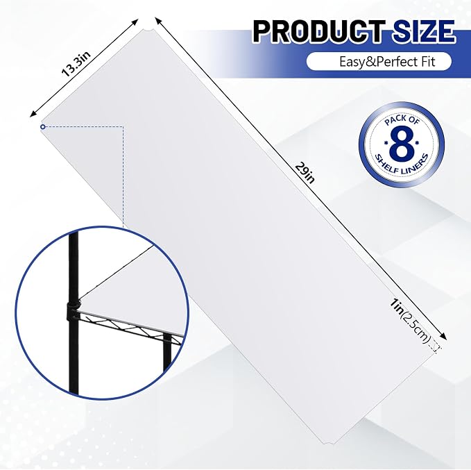 Sliner 8 Pcs 14 x 30 Inch Wire Shelf Liner White Plastic Waterproof Liners for Organizing Metal Rack Shelves, Kitchen Cabinets, Cupboard, Pantry