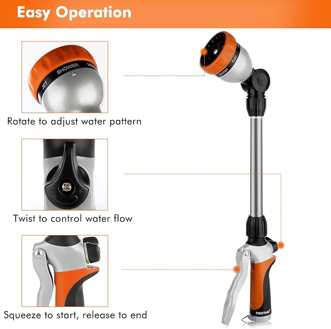 RESTMO Garden Hose Nozzle, Heavy Duty Metal Hose Wand with 7 Adjustable Spray Patterns, High Pressure Hand Sprayer with Flow Control, Best for Watering Plants & Lawns, Washing Cars & Pets