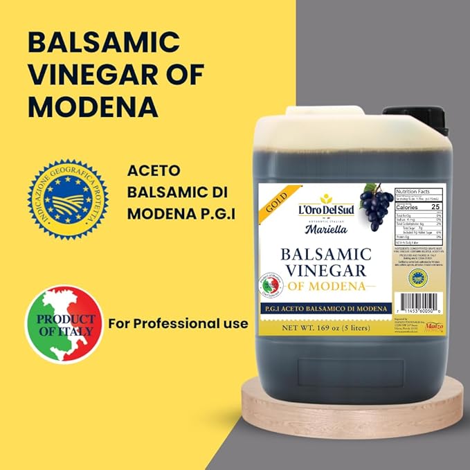 L'Oro Del Sud - Ultra Premium,"Gold Label" 8 year Aged Balsamic Vinegar of Modena, IGP Certified, Mariella, Make your own Glaze, Product of Italy, Bulk Packaging Refill, New Pack, 5 Liters (169 oz)