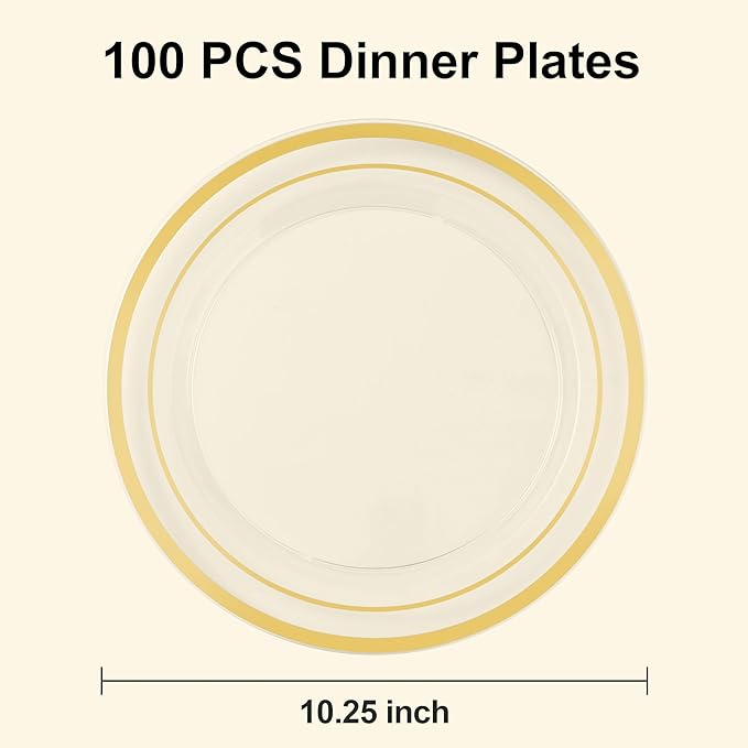 BESTSTAR 100PCS Clear Plastic Plates for Party, 10.25 Inch Disposable Plates with Gold Rim, Heavy Duty Dinner Plates for Wedding and Birthday