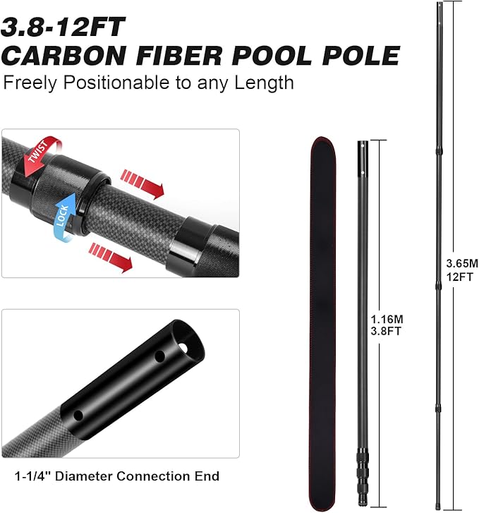 Carbon Fiber Pool Pole - Professional 12 Foot Telescopic Pool Cleaning Pole, Pool Skimmer Net Pole, Telescoping Swimming Pool Poles Heavy Duty 12FT