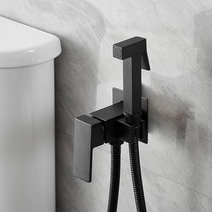 Warm Water Bidet Sprayer Faucet for Toilet with Hot and Cold Brass Valve, Stainless Steel Square Handheld Bidet Attachment Set, Wall Mounted, Matte Black
