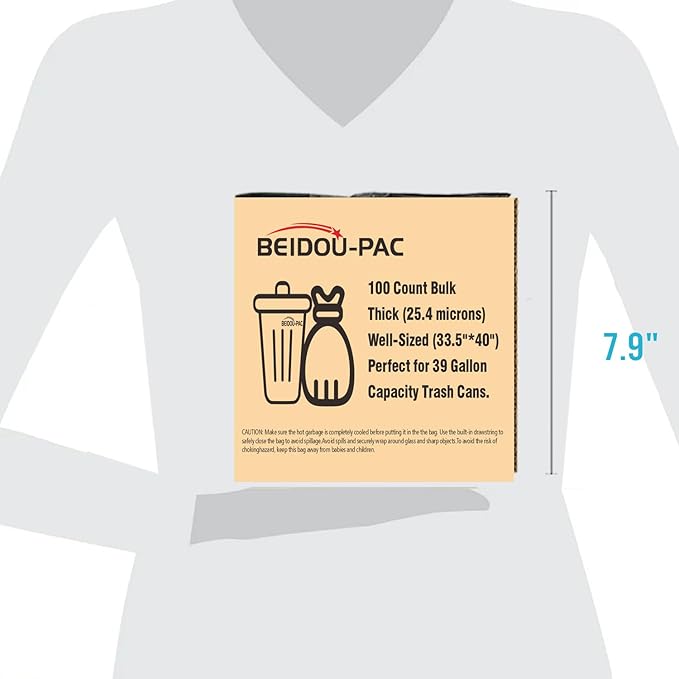 BEIDOU-PAC 39 Gallon Lawn & Leaf Trash Bags Drawstring, 100 Count, Heavy Duty Black & Unscented Plastic Bags, Multi-purpose Garbage Bags for Home Commercial, Outdoor, Construction, Industrial