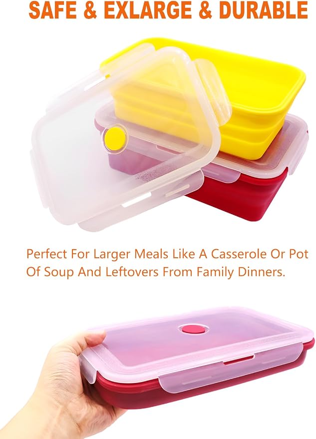 Set of 2 Extra Large Collapsible Silicone Food Storage Containers With Lids,82.8oz + 60.2oz Meal Prep Box, Bento Lunch Boxes, Rv Collapsible Bowls For Camping, Kitchen, BPA Free(Red and Yellow)