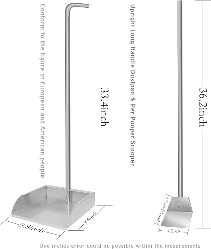 Stainless Steel Pooper Scoopers Set,33.4 ‘’ Dustpan and Spade Poop Scoop Set for Indoor Outdoor Cleaning Easy Wash,Extremely Durable Upright Standing Garbage Shovel for Pet Waste Cleanup