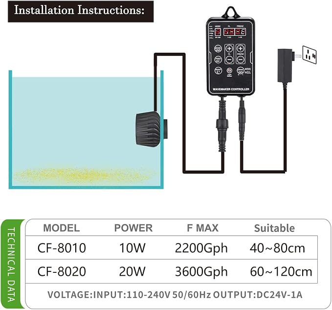 Carefree Fish Aquarium DC24V Magnetic Wave Maker 2200Gph 10W with Digital Led Display Controller Quiet and Powerful Powerhead Variable Frequency Circulation Pump for Freshwater and Saltwater