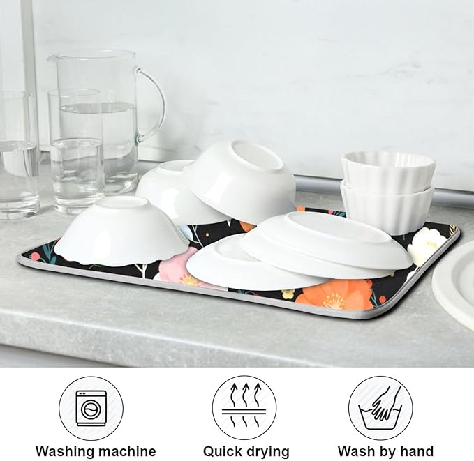 Large Drying Matt for Kitchen Counter Colorful Flowers Microfiber Dish Drying Pad for Dishes Sink Countertop 18'' x 24''