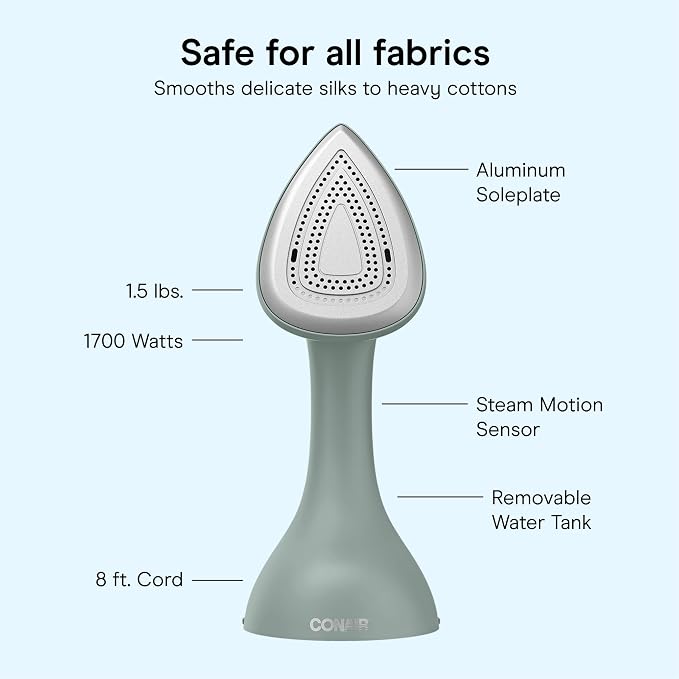 Conair 2-in-1 Iron Garment Steamer | 1700W Turbocharged Steam for All Fabric Types, Steam and Press, Green, GSI200TG