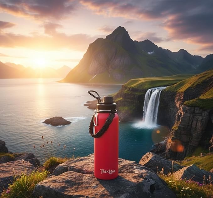 Travel Water Bottle with Carrying Bag, 3 Lids (Spout, Straw, Handle), and Bottle Brush; Leak Proof, Quality, Vacuum Insulated, Stainless Steel (Red, 40 oz)
