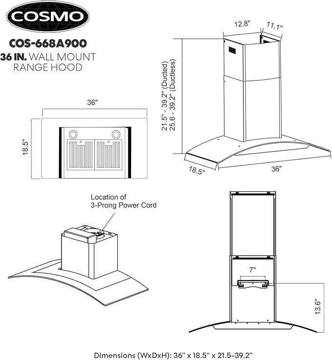 COSMO COS-668A900 36 in. Vista Collection 380 CFM Ducted Wall Mount Range Hood, Button Controls, LED Lights, Stainless Steel