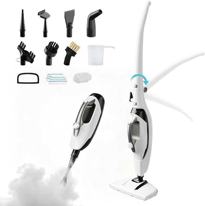 10-in-1 Steam Mops for Floor Cleaning, 302℉ Detachable Handheld Steam Cleaner with 400ml Water Tank and 26.25ft Power Cord, Folding Steamer Mop for Hardwood and Tile Floors, Silver & White