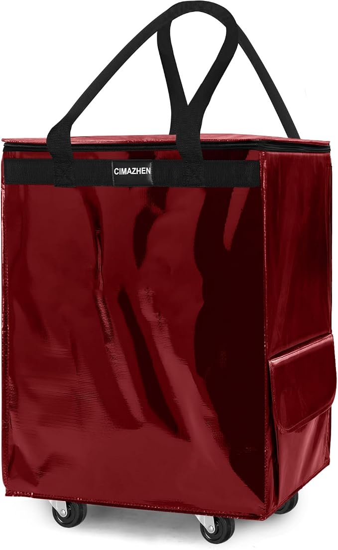 (Medium,Red) Reusable Grocery Bag on 4 Wheels, 70L Foldable Rolling Tote Bag with 3 Handles and Zipper, Rolling Shopping Cart for Groceries, Storage, Laundry, Travel, Organizer, 76lb
