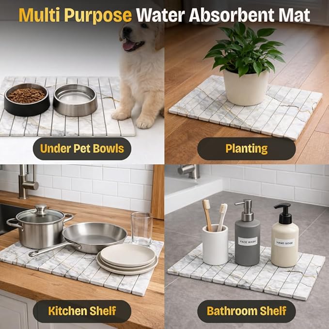 Large Stone Dish Drying Mat for Kitchen Counter, Foldable 24"×16" Diatomaceous Earth Mat, Super Absorbent Marble Stone Drying Pad for Dishes, Cups, Bottles (White Marble)