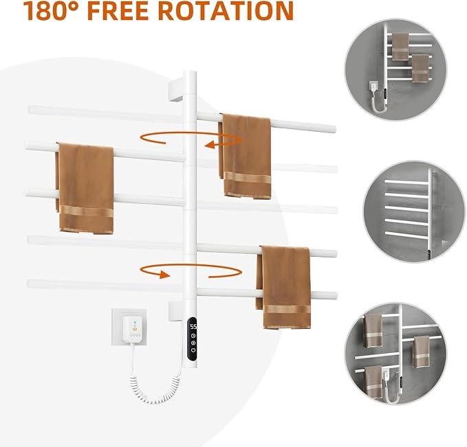 Rotatable Heated Towel Warmer,Plug-in/Hard-Wired Wall Mounted Electric Towel Warmer with Timer and Multi-Stage Temperature Regulation 2-3 Minutes to 131°F (White)