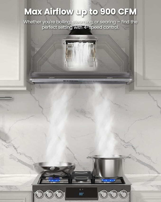 JOCO 42 Inch Range Hood Insert, 900 CFM Stainless Steel Built-In Kitchen Vent Hood, Convertible for Ducted or Ductless Installation, 4-Speed Gesture/Touch/Remote Control, Model B02-42G