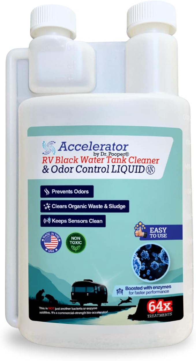 RV Black Water Tank Cleaner & Odor Control Liquid by Dr. Pooper® – Accelerator Bio-Formula | 64 Treatments | Enzyme-Boosted, Non-Toxic, Prevents Odors, Clears Waste & Keeps Sensors Clean | Made in USA