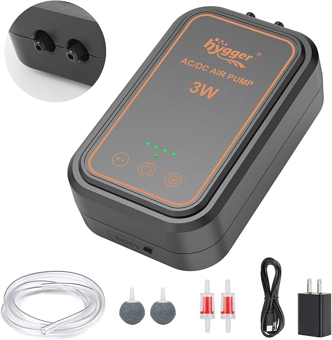 hygger Aquarium Air Pump, Rechargeable Portable Oxygen Pump with Single/Dual Outlets, Ultra Quiet Battery Powered Air Bubbler for Fish Tank up to 200 Gallo