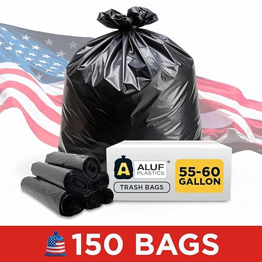 Aluf Plastics 55-60 Gallon Trash Bags Source Reduction Series Value High Density 22 Micron (equiv) Intended for Home, Office, Bathroom, Paper, Styrofoam (Pack of 150)