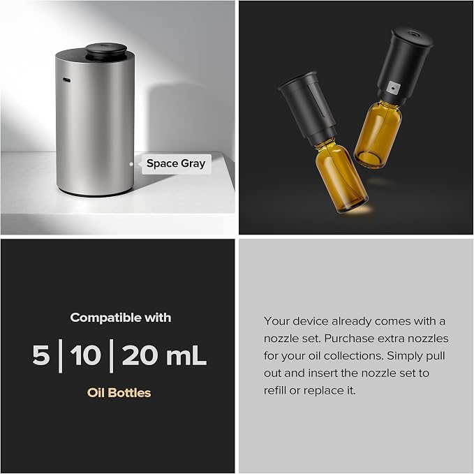 Airversa Waterless Essential Oil Diffuser for Home Aromatherapy Scent Diffusers with 3 Countdown Timer Settings or Timer-Off, 3 Mist Levels for Car Room Studio Office, ANX Titanium
