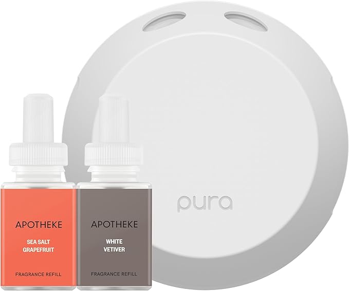 Pura Smart Home Fragrance Device Starter Set - Pura 4 - Scent Diffuser for Home - Includes Fragrance Aroma Diffuser - Rectangle Box, Sea Salt Grapefruit and White Vetiver Scent Refills