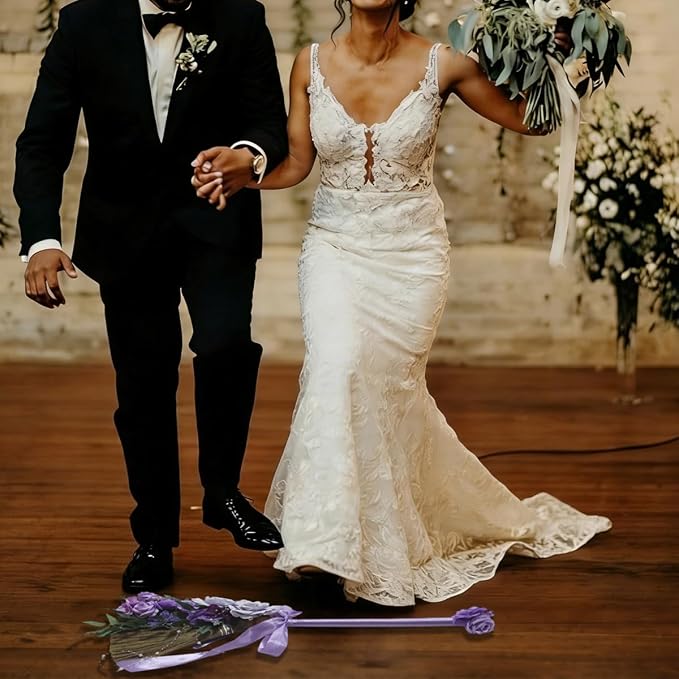 Wedding Broom DIY Purple Jumping Broom for Wedding Ceremony 28 inch Tall Whisk with Artificial Roses/Green Leaves/Ribbons/Pearl