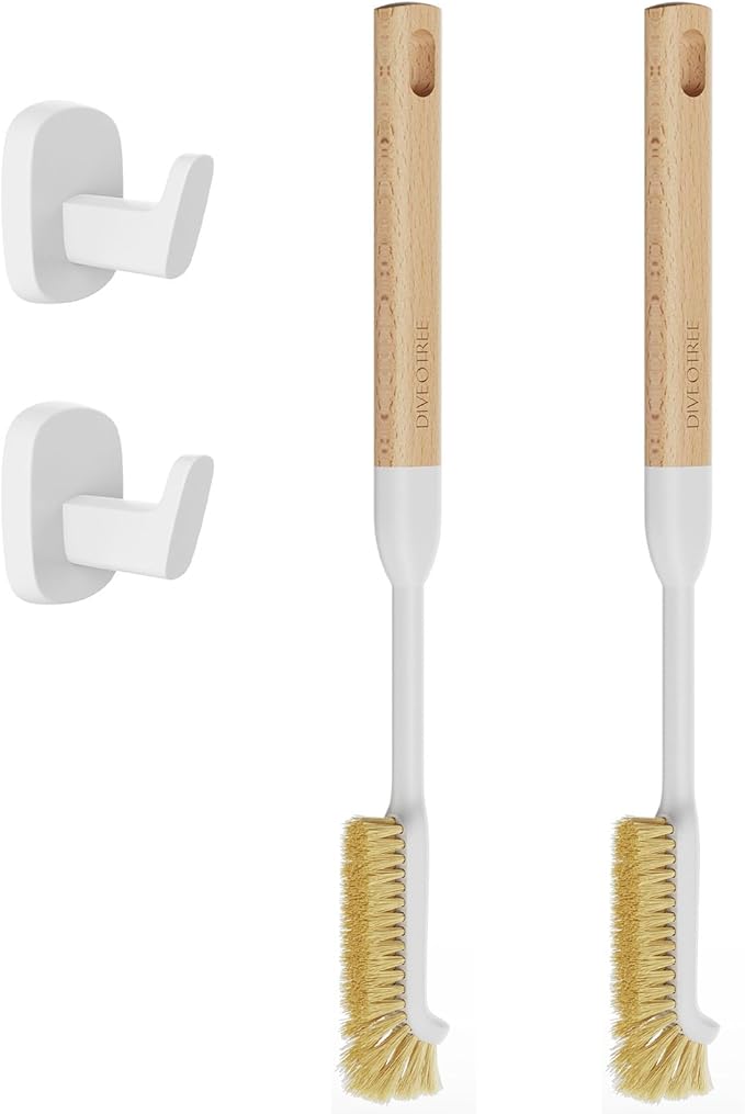 Cleaning Brush, Diveotree Hard Bristle Brush for Deep Cleaning Grout, Sink, Cup, Teapot, Bottle, Blender, Multi-Purpose Brush wih Long Handle for Kitchen (White-2Pack)