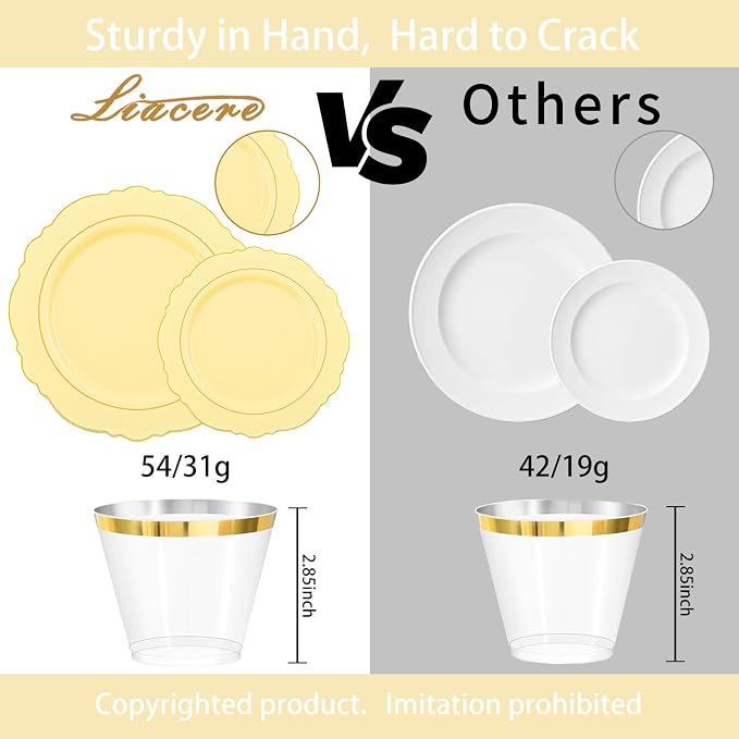 Liacere 350PCS Yellow Plates - Yellow Disposable Plastic Plates With Gold Rim-50Guest Plastic Dinnerware include 100 Plates,50 Pack Pre Rolled Napkins with Silverware 50Cups for Wedding＆Party
