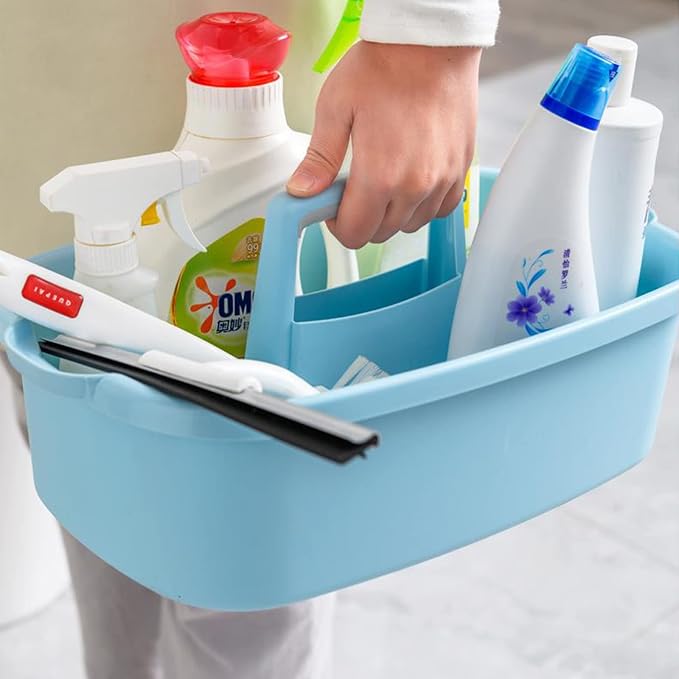 JiatuA Large Cleaning Supplies Organizer with Handle Portable Shower Caddy Basket Plastic Bucket Tool Storage for Bathroom, Bedroom, Kitchen, College Dorm, Under Sink, Garden, Blue & Light Grey