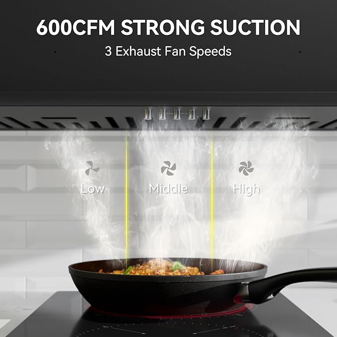 magicplux 30 Inch Built-in Range Hood,Dutched/Dutchless Convertable with 600CFM Suction,Vent Hood with Bright LED Light,3 Speed Fan,Black