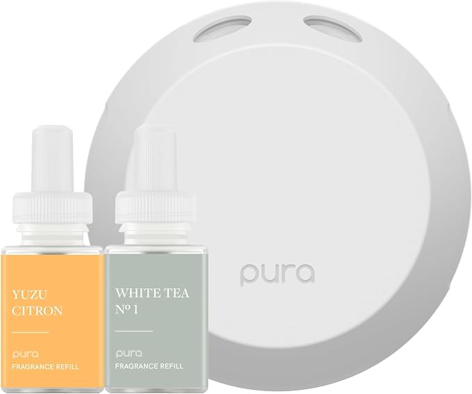 Pura - Smart Home Fragrance Device Starter Set - Pura 4 - Scent Diffuser for Home - Includes Fragrance Aroma Diffuser - Square Box, Yuzu Citron and White Tea No. 1 Scent Refills