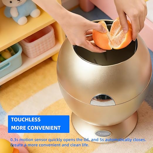Automatic Motion Sensor Trash Can, 2.6 Gallon/10L Small Cute Garbage Bin with Lid, Hands-Free Silent Opening for Baby Diaper, Kids Room, Bedroom, Office, Home Decor - Modern Egg Shape (Gold)