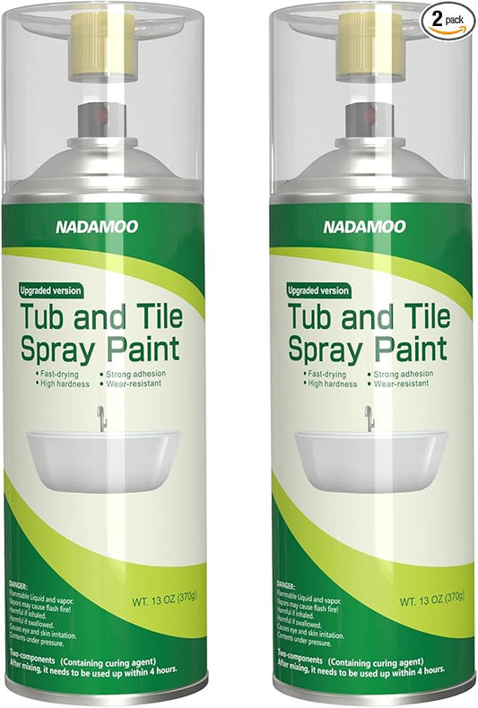 NADAMOO 2-Parts Tub and Tile Spray Paint, Enamel Aerosol Refinishing Paint for Bathroom Porcelain Bathtub Sink, 2 Cans, Semi-Gloss White