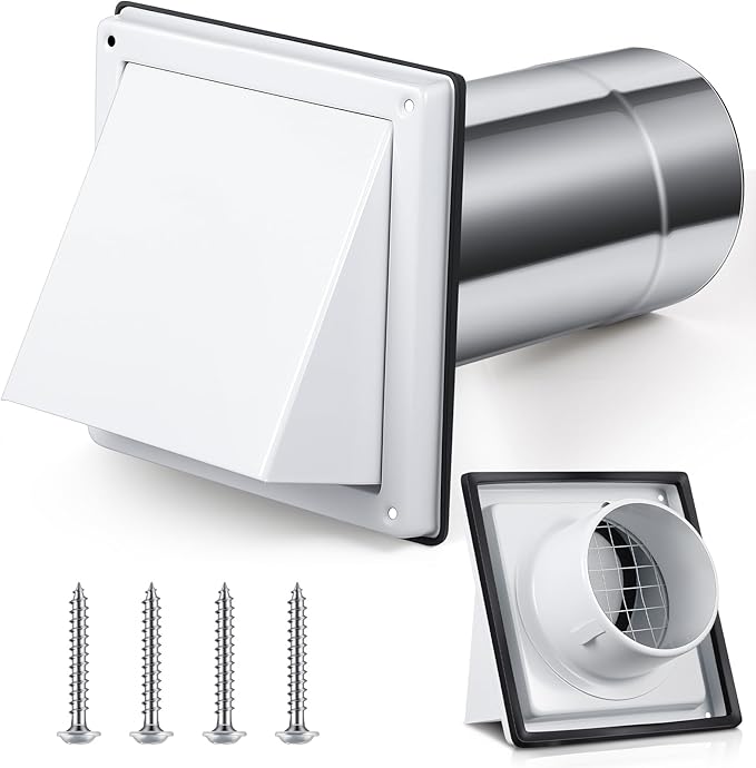 Gisafai 4" Outside Dryer Vent Cover for Exterior Walls Exhaust Vent Cap with Removable Extension Pipe Stainless Steel Hood Cushioned Non Return Flap with Sealing Gasket Grille Screen