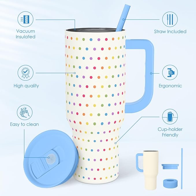 SANDJEST LGBT 40oz Tumbler with Handle and Straw, Insulated Stainless Steel Travel Coffee Mug for Gay Lesbian Adults Friends, Gift Idea for Birthday Christmas Pride Month (Polka Dot)