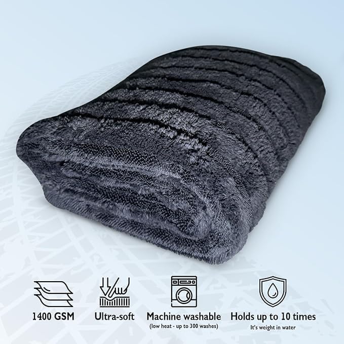 Polish Pro Car Drying Towel & Wash Mitt, Ultra Soft, Super Absorbent 1400 GSM Car Washing Kit, Twisted Loop & Coral Fleece, Holds Up to 10lbs Water, 24"x36", Set of 2