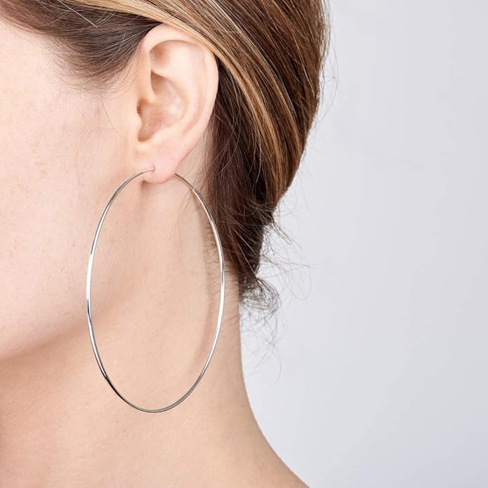 Amberta® 925 Sterling Silver Fine Circle Endless Hoops - Polished Round Sleeper Earrings Diameter Size: 20 30 40 60 75 mm