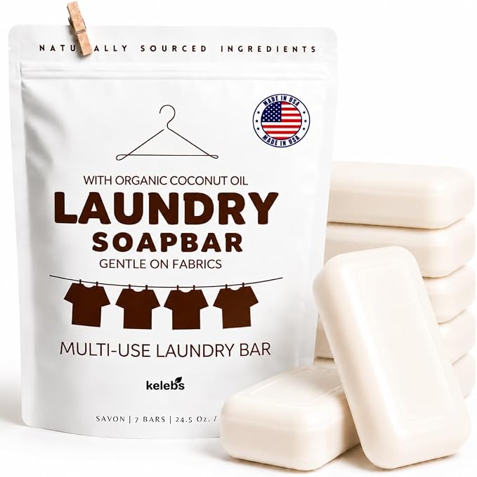 Kelebs Natural Laundry Soap Bar for Sensitive Skin with Organic Coconut - Delicate Laundry Stain Remover for Clothes, Underwear, Collar - Gentle Baby Laundry Soap | 7 Bars