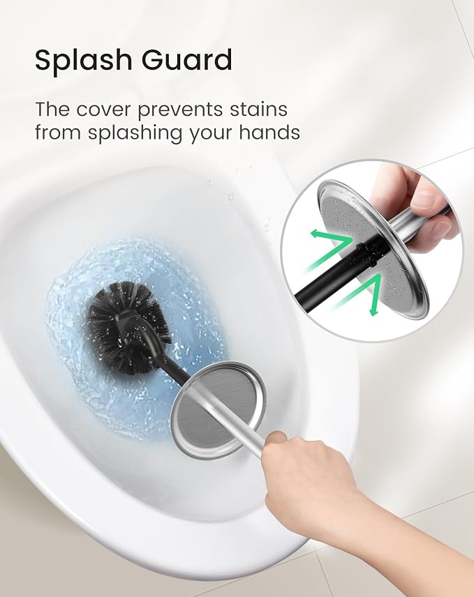Cesun Toilet Brush and Holder Set with 2 Brush Heads, Curved Toilet Bowl Brush for Under Rim Cleaning, 304 Stainless Steel Holder, Long Handle Toilet Scrubber, Silver