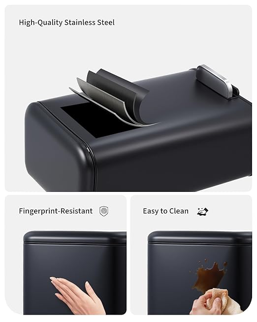 3.2 gal/12L Stainless Steel Kitchen Trash Can, Step-on Recycling Bin with Soft Close Lid, Removable Inner Bucket, Rectangular Wastebasket for Office Living Room, Black