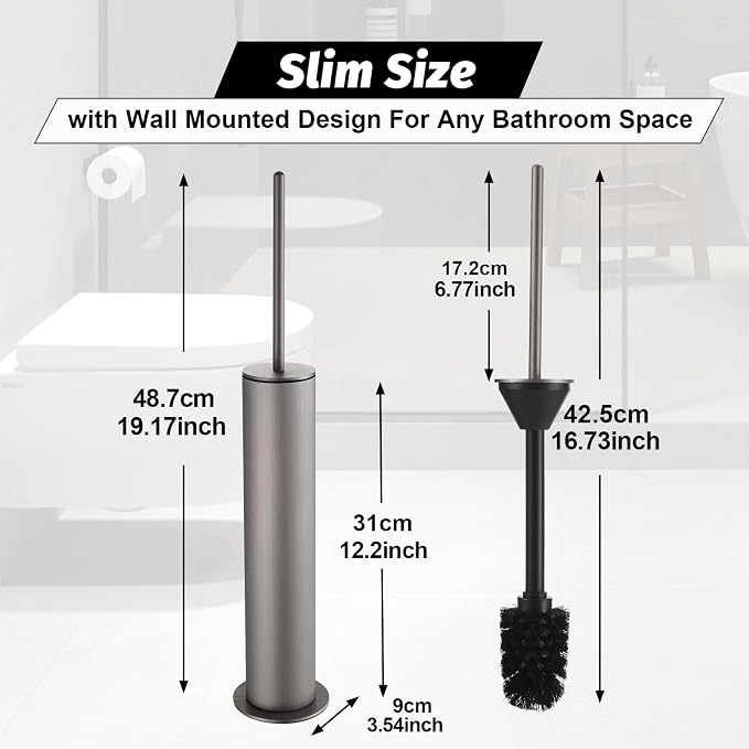 BGL Toilet Brush with Holder Set Brushed Nickel Aluminium Standing for Bathroom Toilet Bowl Cleaner Brush and Holder Set, Round Design