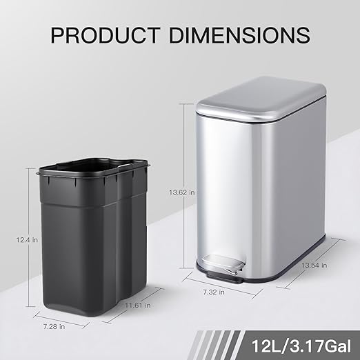Garvee Bathroom Trash Can with Lid, 3.2 Gallon / 12 Liter Stainless Steel Garbage Can with Removable Liner Bucket, Small Step Wastebasket with Slim Design for Toilet Bedroom Office, Silver