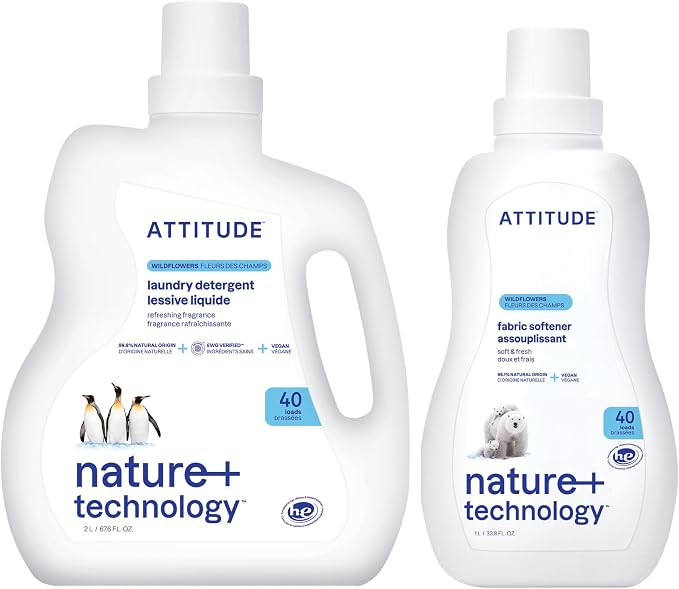Bundle of ATTITUDE Liquid Laundry Detergent, EWG Verified Laundry Soap, HE Compatible, Vegan, Wildflowers, 40 Loads, 67.6 Fl Oz + Fabric Softener, Wildflowers, 40 Loads, 33.8 Fl Oz