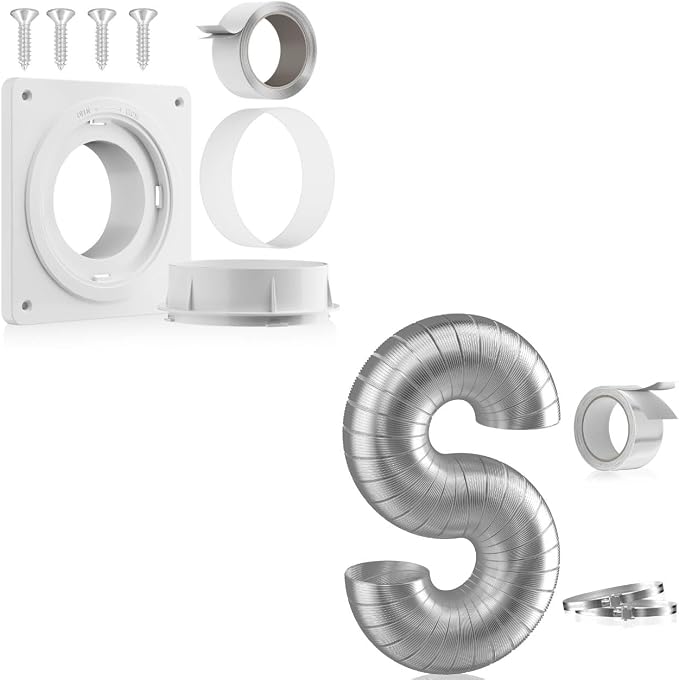 Hon&Guan 4-inch Semi Rigid Dryer Vent Hose, 8 Feet Flexible Aluminum Duct and Dryer Vent Wall Plate with Quick Connect & Disconnect