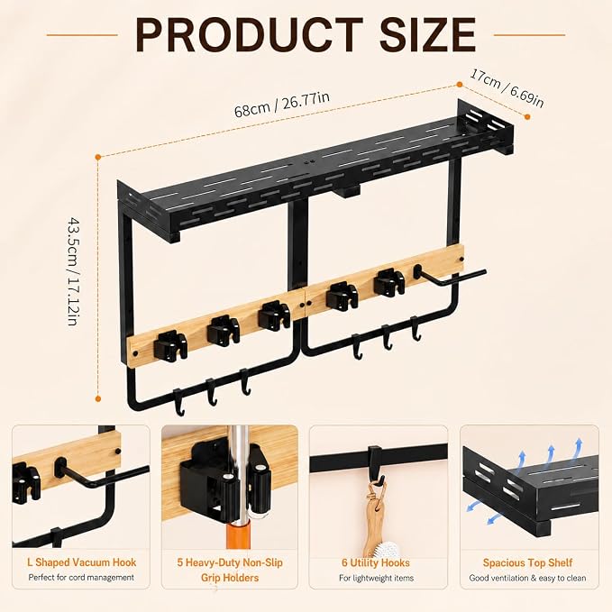Large Broom Mop Holder Wall Mounted with Top Shelf,3-in-1 Cleaning Supplies Organizer, Laundry Room Storage Rack with 5 Clamps and 6 Removable Hooks for Home Garage, Utility Room and Kitchen