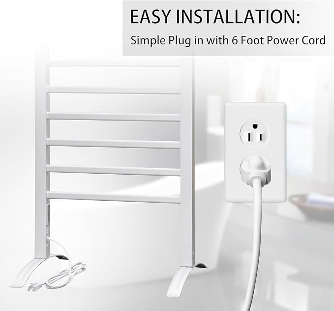 KEG Towel Warmer 8 Bars for Bathroom Freestanding or Wall Mounted Bath Towel Heater Plug-in with Built-in Timer Silver