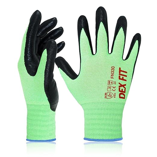 DEX FIT Nitrile Work Gloves FN330, 1 Pair, 3D-Comfort Stretchy Fit, Firm Grip, Thin & Lightweight, Touch-Screen Compatible, Durable, Breathable & Cool, Machine Washable; Green L (9)