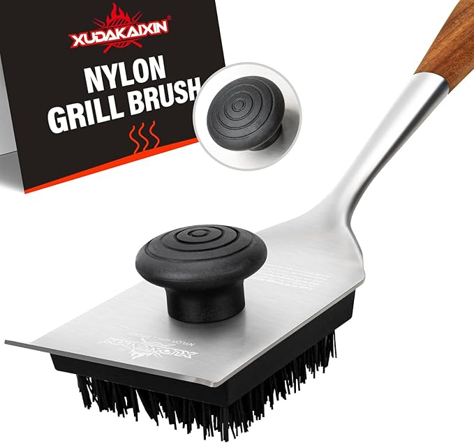 XUDAKAIXIN Nylon Grill Brush, Dual Grip Design, with Extended Luxurious Acacia Wood Handle, Safe Nylon Bristles Barbecue Outdoor Grill Brush for Cooled Grates(Black)